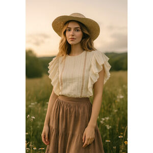 Cottage Core Size S/M Prairie Linen Blend Ruffle Frill Short Sleeve Boho